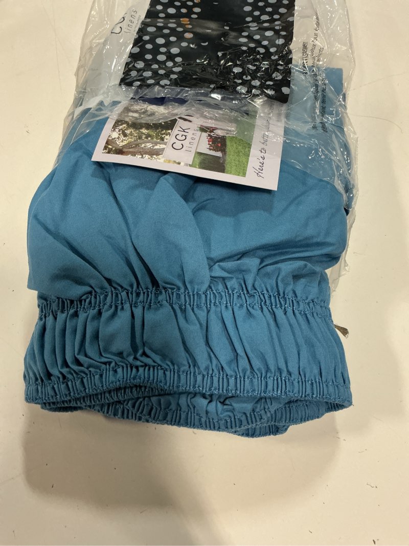 Condition photo showing Good Condition for wrap around dust ruffle bed skirt - denim blue - for king size beds with 15 inch drop - elastic strap - adjustable pleated bedskirt with brushed fabric and wrinkle free - for women, men, kids & teens king/cal king 15" - drop 17 - denim blue