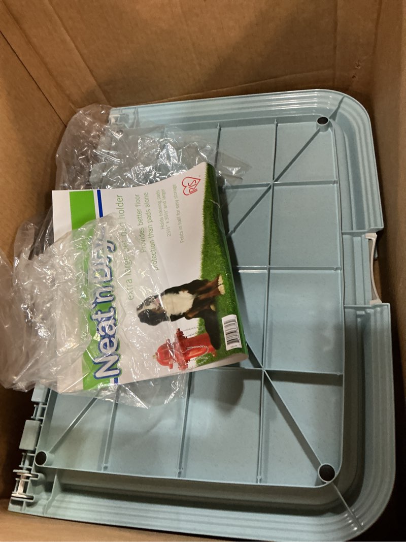 Condition photo showing As Is for IRIS USA Pee Pad Holder - for Large Sized Dog and Puppy Pee Pads, Secured Latches, Non-Skid Feet, High Polish Finish for Easy Cleaning, Leak Protection, Fits 28"x34" Pad or Larger, Square, Blue 28" x 34" Blue