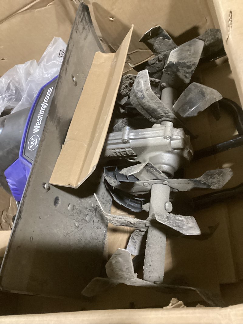 Condition photo showing As Is for westinghouse 18-inch, 15 amp corded electric tiller cultivator for gardening with 6 steel blades 18 in. tiller