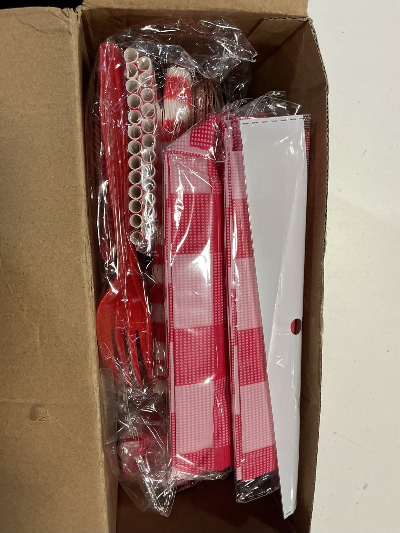 Condition photo showing New/Like New for buryeah 205 pcs red and white party supplies for 25 guest gingham checkered plaid tablecloth pennant banner paper plate cup napkin cutlery and straw for bbq birthday family dinner party decoration