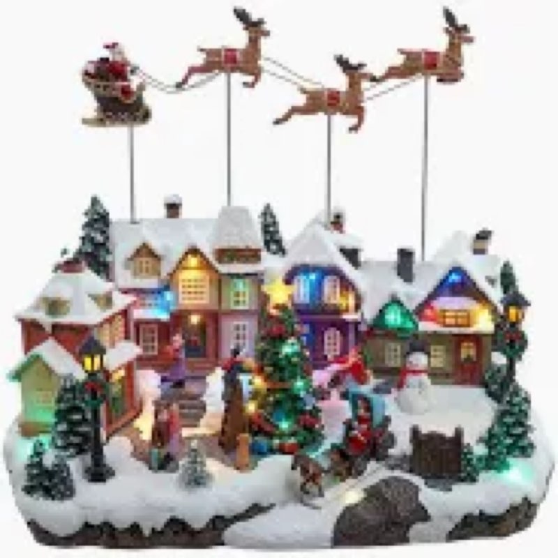 christmas village houses, 10.6" polyresin christmas house village with moving train & colorful warm led lights & 8 songs, battery operated, christma indoor decoration, vintage style decoration houses and moving train