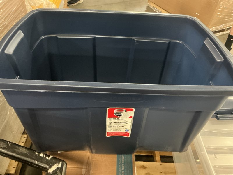 Condition photo showing As Is for (one tote)rubbermaid roughneck tote 31 gal, 3 pack, made in usa, dark indigo metallic, rugged plastic stackable storage bins with lids and handles 31 gal - 3 pack