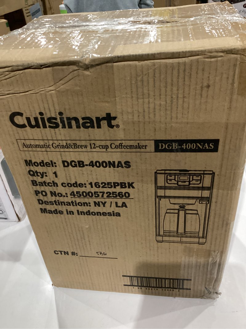 Condition photo showing As Is for Cuisinart Automatic Grind & Brew 12-Cup Coffee Maker with Blade Grinder, Programmable Coffee Machine Glass Carafe with 1-4 Cup Setting, Brew Pause, Grind-Off Option, DGB-400NAS, Black/Stainless Steel 12-Cup Glass Automatic Grind & Brew Black/Stainless