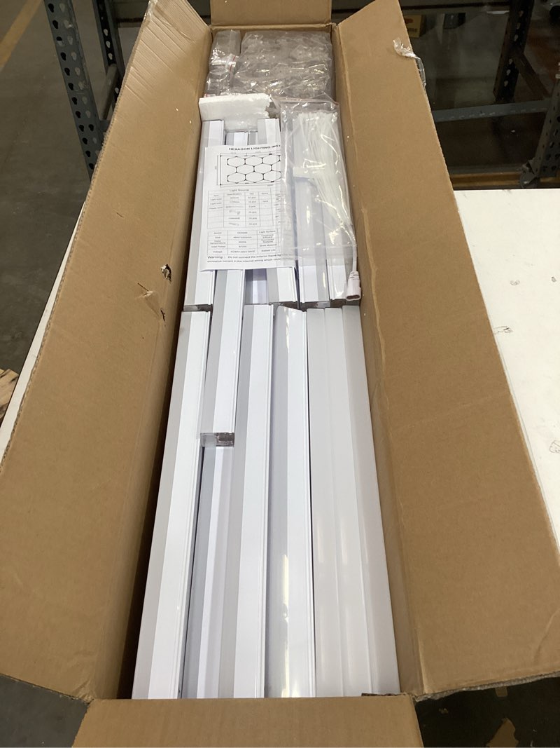 Condition photo showing New/Like New for hexagon garage lights with rectangle frame, high brightness 672w 86400lm 6500k, 14 hex grid for garage, shop, basement, car detailing shop etc. with mounting clip 14-grids non-dimmable