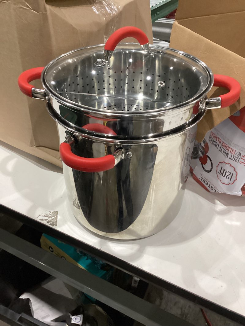 Condition photo showing Good Condition for excelsteel 12 qt multifunction stainless steel pasta cooker with encapsulated base, vented glass lid, and riveted silicone covered handles, 10"d x 13.75"w x 14"h