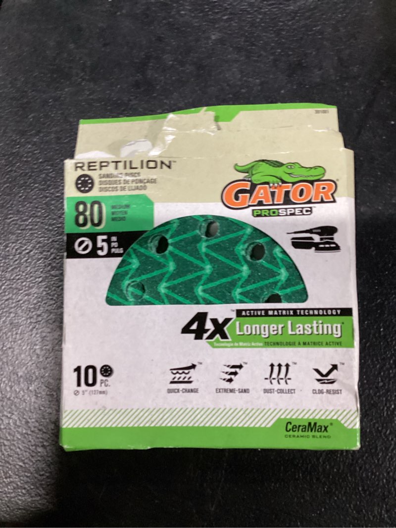 Condition photo showing Good Condition for gator reptilion 10-piece ceramic alumina 80-grit disc sandpaper
