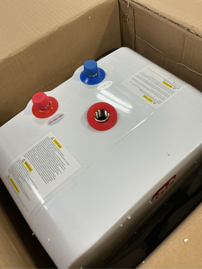 Condition photo showing As Is for Electric Hot Water Heater 120V Tank Storage,Rv Tr 4 Gallon Trailer 1.5KW Kitchen Instant Under Sink Counter,1 PCs 16” Long 1/2”FIP Stainless Steel Water Hose ETL/CAS approved(TP Valve)