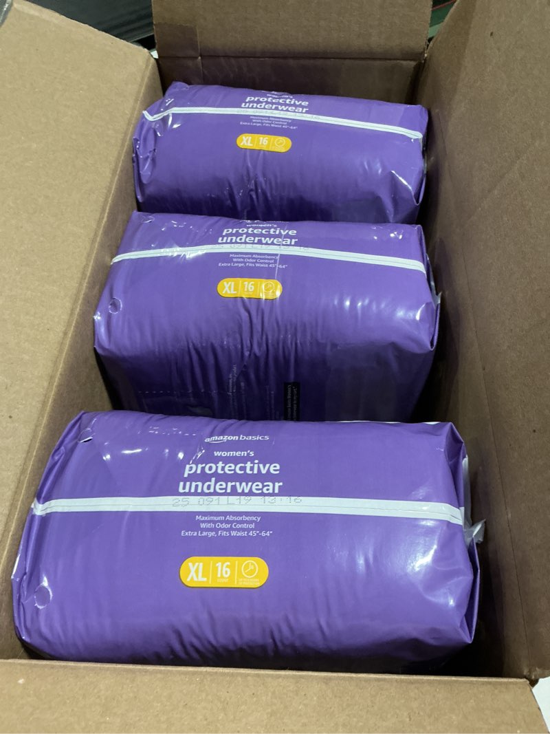 Condition photo showing Good Condition for Amazon Basics Incontinence Underwear for Women, Protective, Disposable, Postpartum, Maximum Absorbency, X-Large, Lavender, 48 Count (3 Packs of 16)