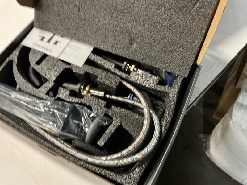 Condition photo showing Good Condition for 3-hole bathroom faucet, matte black bathroom sink faucet with pop-up drain, 8-inch bathroom faucet with 360° swivel spout, 2-handle vanity faucet with water supply hoses