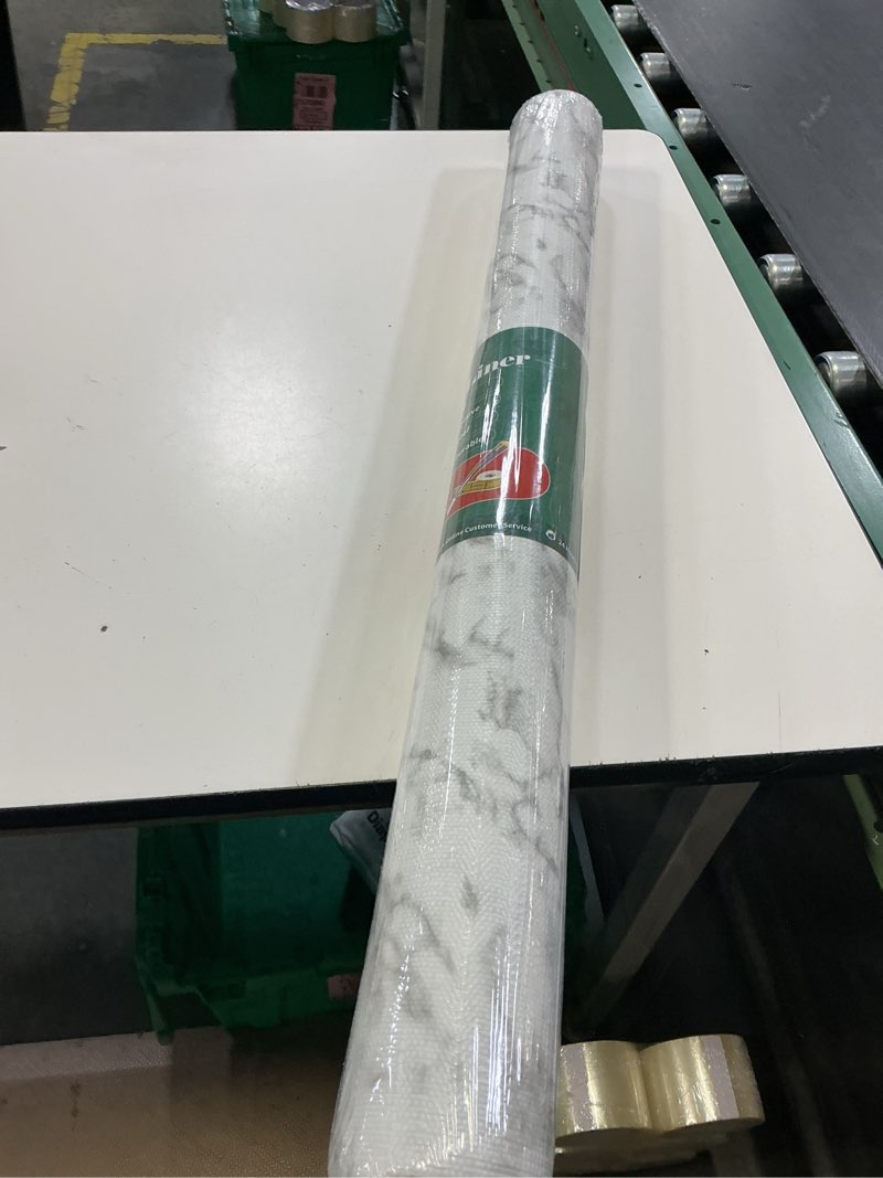 Condition photo showing New/Like New for 2-layer drawer and shelf liner for kitchen cabinet: 35.4 in x 39.5 ft non slip waterproof shelf paper non adhesive refrigerator liners white marble easy liners for bathroom with knife tape measure white marble 35.4\"w x 354.3\"l