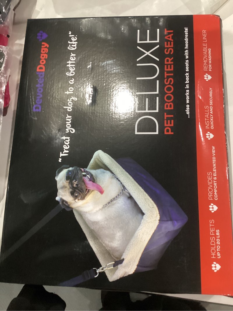 Condition photo showing New/Like New for Deluxe Dog Car Seat Fits Pets up to 15lbs, Dog Booster Seat, Padded Cushioning, Adjustable Straps, Metal Frame Encasing, Installs in Seconds, Collapsible Canvas and Easy to Clean Blue-Beige