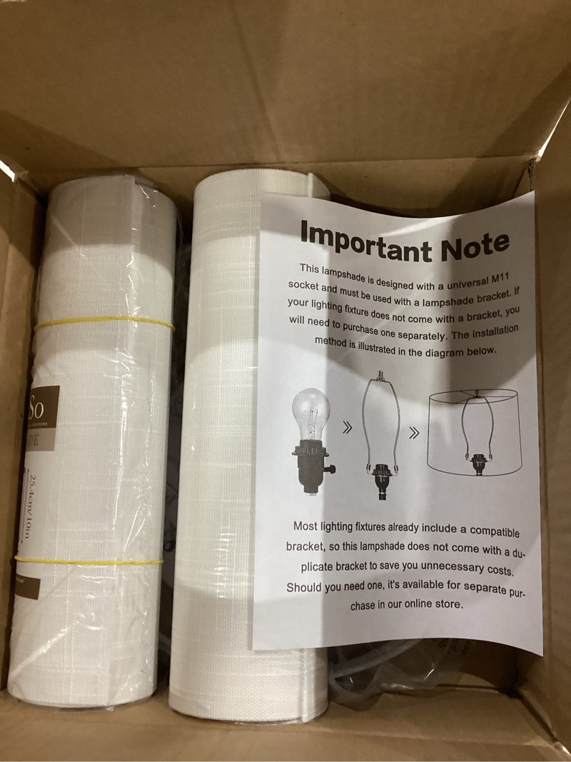 Condition photo showing New/Like New for set of 2 white tall linen drum lamp shades modern lamp shade 10" top x 10" bottom x 10" high (spider) medium lampshade for table & beside lamp - lampshades replacement by go&so tall drum white-texture
