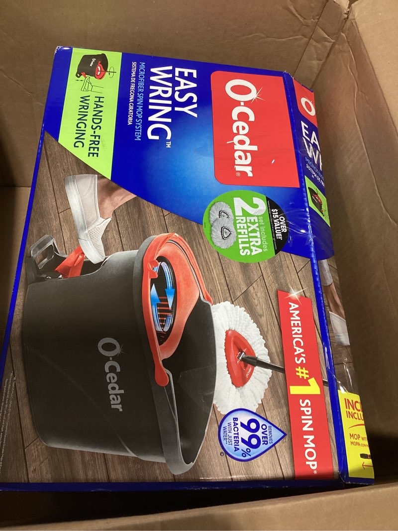 Condition photo showing Good Condition for o-cedar easywring microfiber spin mop & bucket floor cleaning system + 2 extra refills, red/gray spin mop & bucket with 2 extra refills