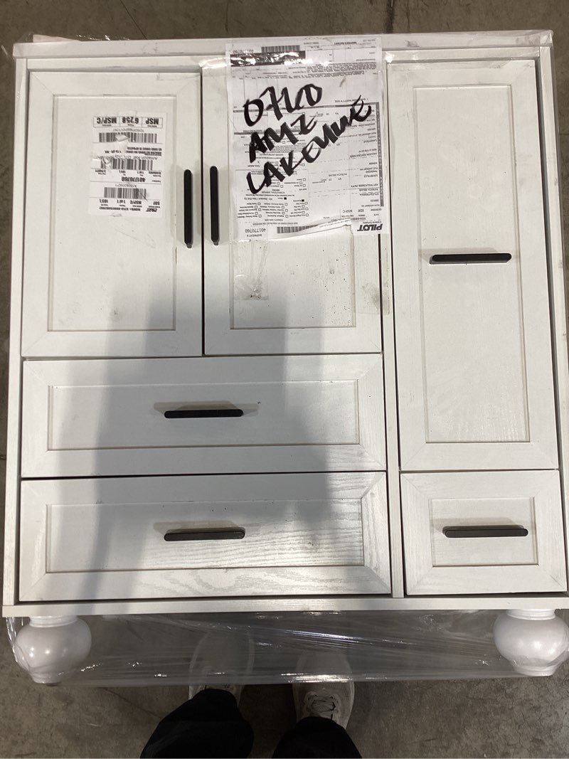 Condition photo showing As Is for likimio 29.5" bathroom vanity with sink, hair tool drawer, 4 solid legs, 4 drawers 2 doors, modern freestanding wooden bathroom cabinet with undermount upgraded smc sink, quick assembly, white