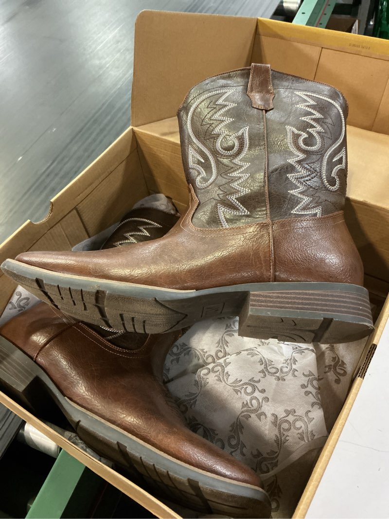 Condition photo showing As Is for iuv cowboy boots for men with wide square toe western retro boot durable classic fashionable embroidered pull on slip resistant boots 13 dark brown