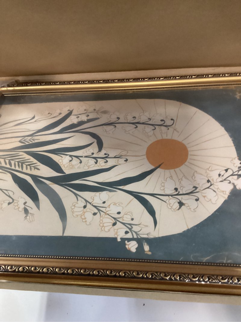 Condition photo showing Good Condition for zlpllha gold framed wall art vintage art deco lily of the valley sun canvas art botanical pictures boho wall decor emerald green paintings floral artwork retro prints for cottage bedroom living room morning framed 24"l x 16"w