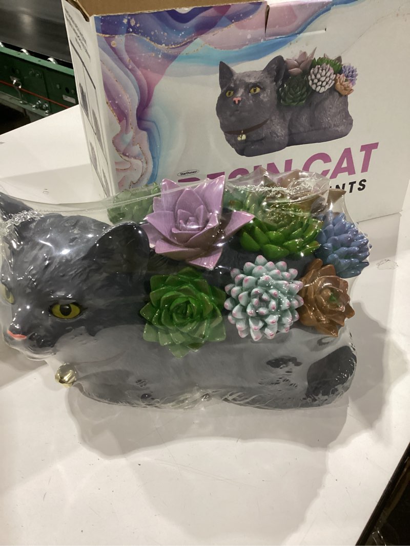 Condition photo showing New/Like New for Adorable Resin Cat with 9 Resin Succulents, Ideal Gift for Cat Lovers, Retirement, House Warming, Sympathy, Memorial Etc. (Grey) Gray