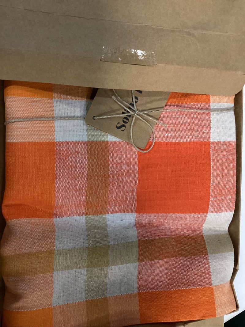 Condition photo showing New/Like New for Solino Home Linen Round Tablecloth 60 Inch - 100% Pure Linen Plaid Table Cloth - Fall Buffalo Check Machine Washable Tablecloth Pumpkin 60" (Round)