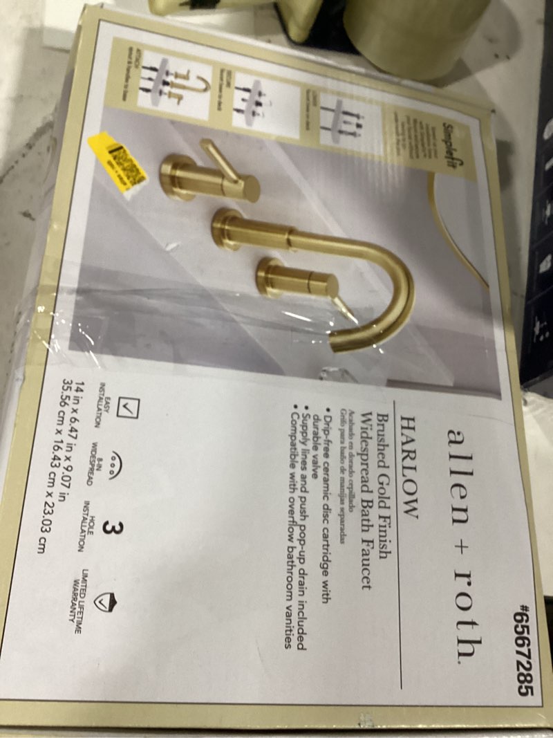 Condition photo showing As Is for allen + roth Harlow Simplefit Brushed Gold Widespread 2-handle WaterSense Mid