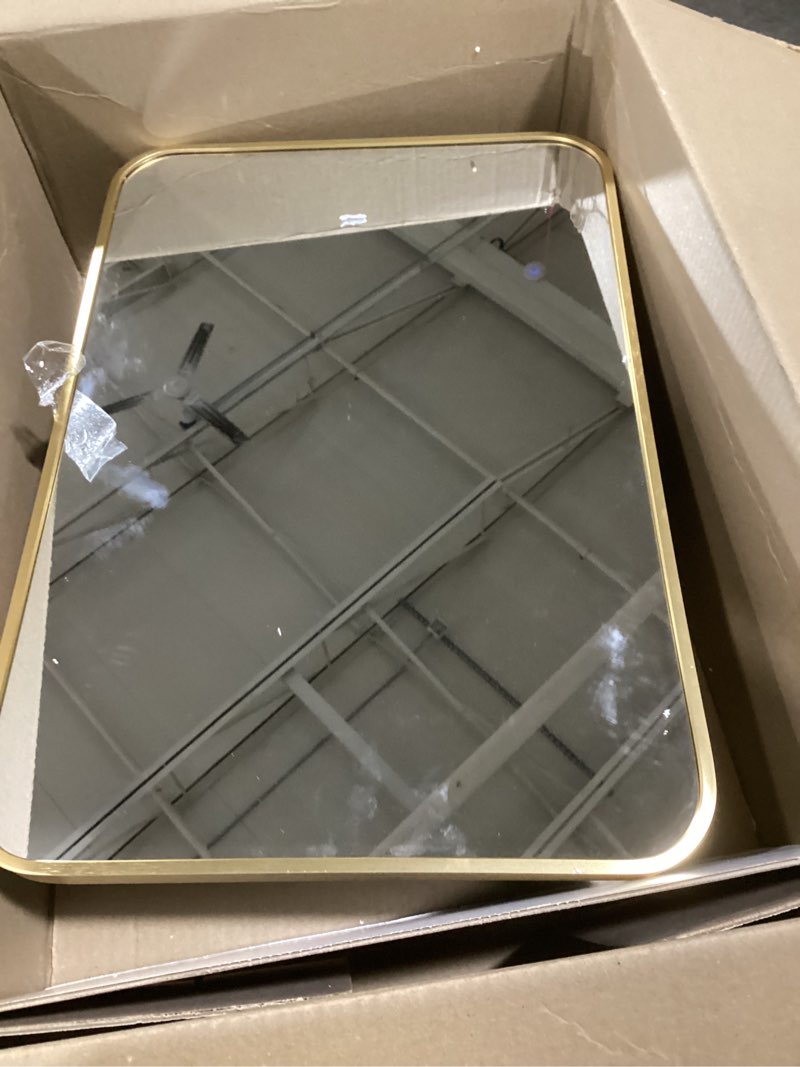 Condition photo showing New/Like New for TokeShimi Gold Bathroom Mirror for Wall 30 x 36 Inch Metal Rounded Corner Rectangle Mirror Metal Frame Deep Set Design Hangs Horizontal Or Vertical 36"L x 30"W Rectangle Brushed Gold