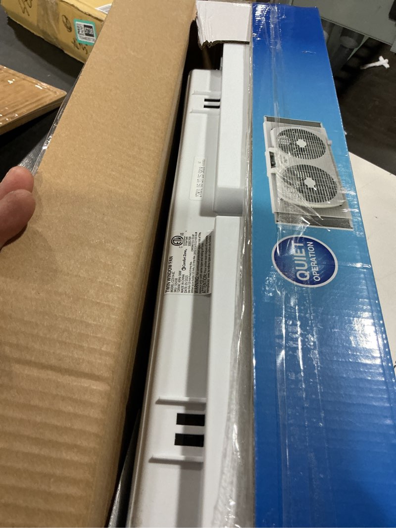 Condition photo showing Good Condition for Comfort Zone Twin Window Fan with Reversible Airflow Control, 9 inch, Auto-Locking Expanders, 2 Speed Fan, Dual Fan, Exhaust, Airflow 9.84 ft/sec, Ideal for Home, Kitchen, Bedroom & Office, CZ319WT White 9"