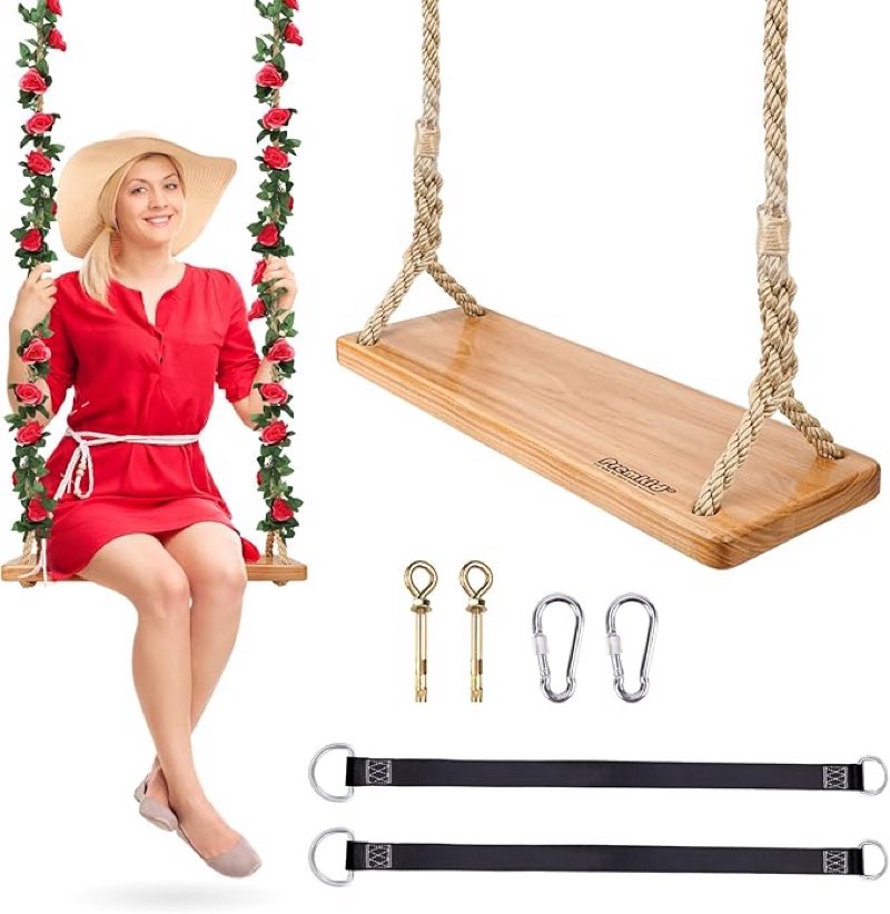 hanging wooden swing, 24"x 8"x 1.2" tree swing for adults kids, adjustable thick nylon rope plus tree straps 10.61ft, wood swing set with rose garland for indoor & outdoor