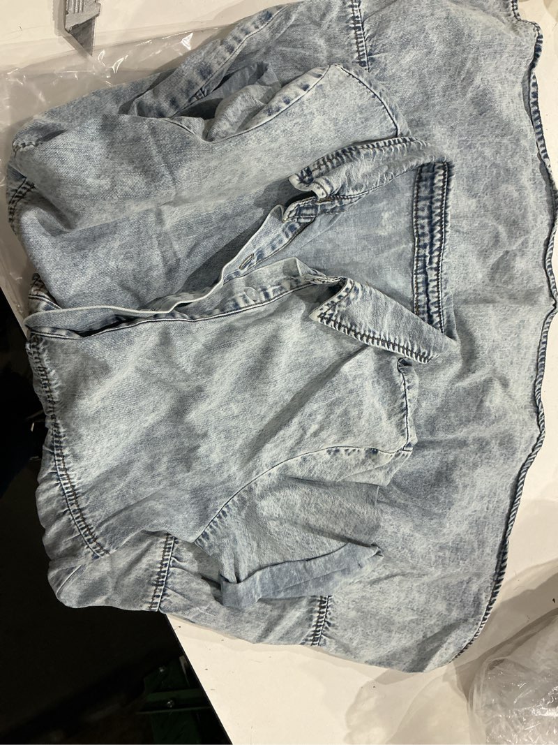Condition photo showing Good Condition for small size))lookbookstore women's short sleeve button down flowy tiered babydoll denim dress