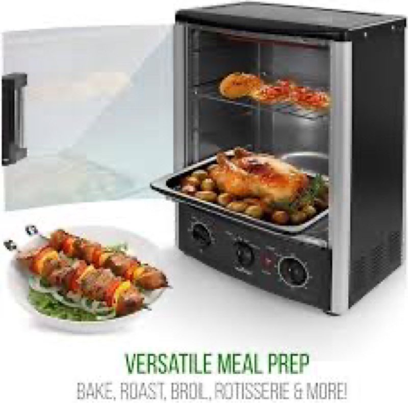Nutrichef Vertical Countertop Oven with Rotisserie, Bake, Broil, & Kebab Rack Functions - Adjustable