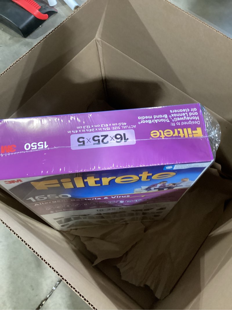 Condition photo showing New/Like New for filtrete 16x25x5 ac furnace air filter, mpr 1550, merv 12, fits honeywell & trion airbear, certified asthma & allergy friendly, electrostatic air filter, 1-pack (actual size 15.75 x 24.13 x 4.88) 4.9" x 24.1" x 15.6"