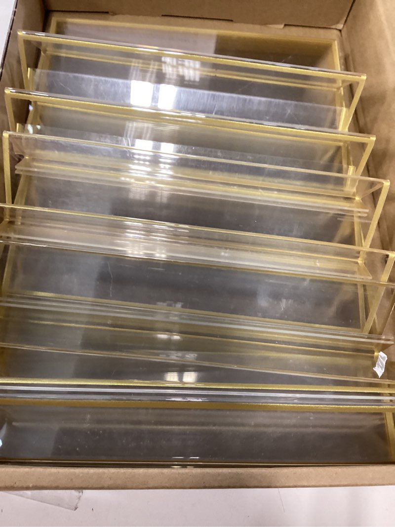 Condition photo showing New/Like New for floroom 6 pack 8.5x11 inch clear acrylic sign holders, double-sided gold display stand picture frames for table numbers, menus, flyers, weddings, and offices