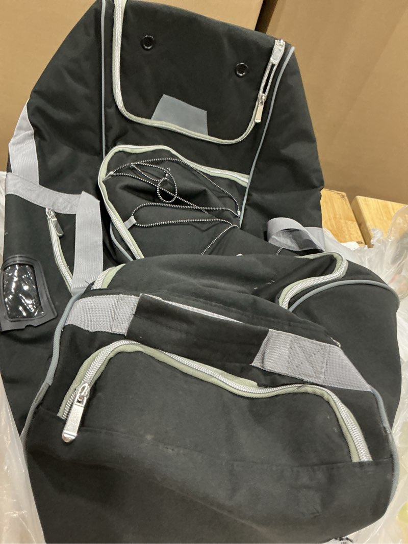 Condition photo showing As Is for large rolling baseball catchers gear bag with wheels, softball bag for 4 bats,equipment bag with separate shoe & helmet compartments,fence hook for youth & adult