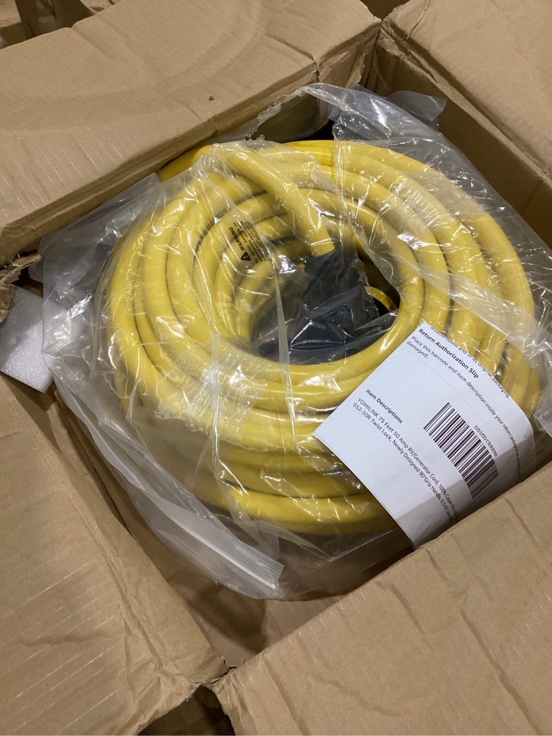 Condition photo showing New/Like New for 75 Feet 50 Amp RV/Generator Cord, 100% Copper Wire, NEMA 14-50P to SS2-50R Twist Lock, Newly Designed 90°Grip Handle, 6/3+8/1 Gauge STW Wire 75 FT
