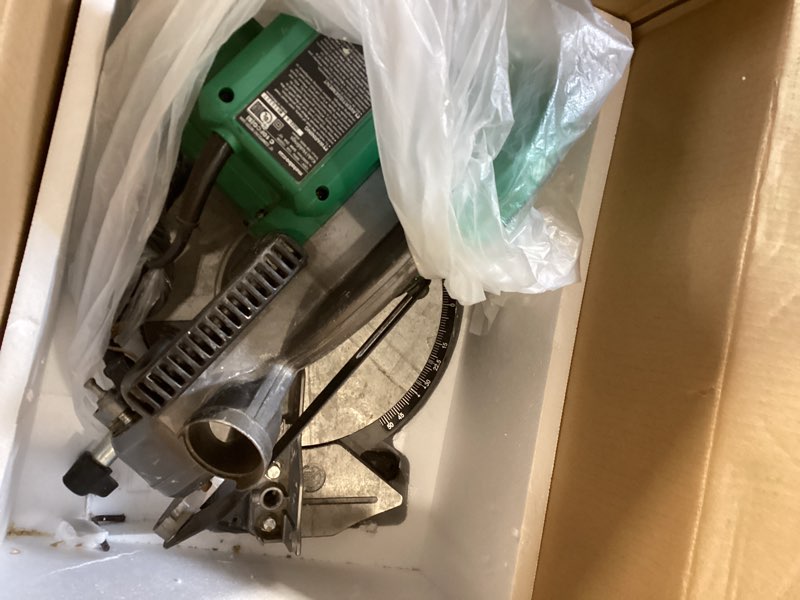Condition photo showing As Is for metabo hpt 10-inch single bevel compound miter saw, 15-amp power saw with xact cut shadow line, precision miter angles, single bevel 0-45°, 40t tct miter saw blade, lightweight design, c10fcg2 c10fcg2 - next gen model