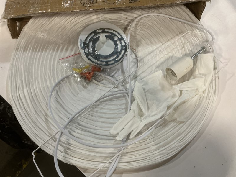 Condition photo showing As Is for Large Rice Paper Pendant Light Kit, 20in White Globe Paper Lantern Lights, E26 Base, Japanese Hanging Lantern Lamp Japandi Chandelier for Dining Room Bedroom Office Living Room White 19.7in