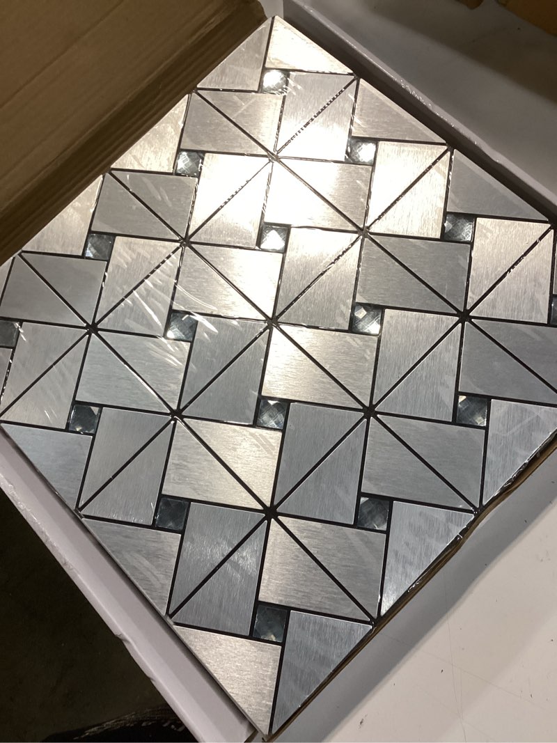 Condition photo showing Good Condition for art3d 10-sheet peel and stick backsplash metal mosaic tiles for kitchen wall decor, stick on aluminum composite tiles stikers, silver windmill puzzle glass mixed 12x12 inch silver