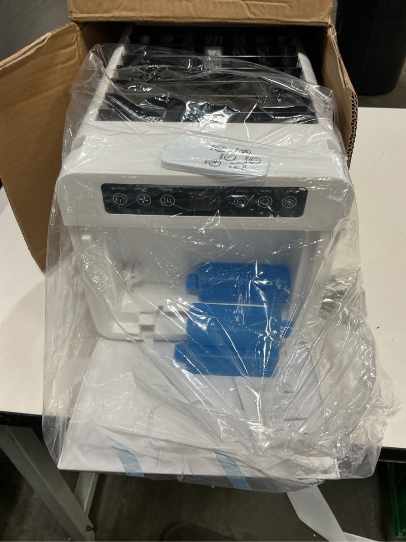 Condition photo showing As Is for portable air conditioners, 3 wind moodes, 12 wind speeds, xl water tank with 8 ice packs, wide oscillation, air conditioner portable swamp personal air conditioner room bedroom white
