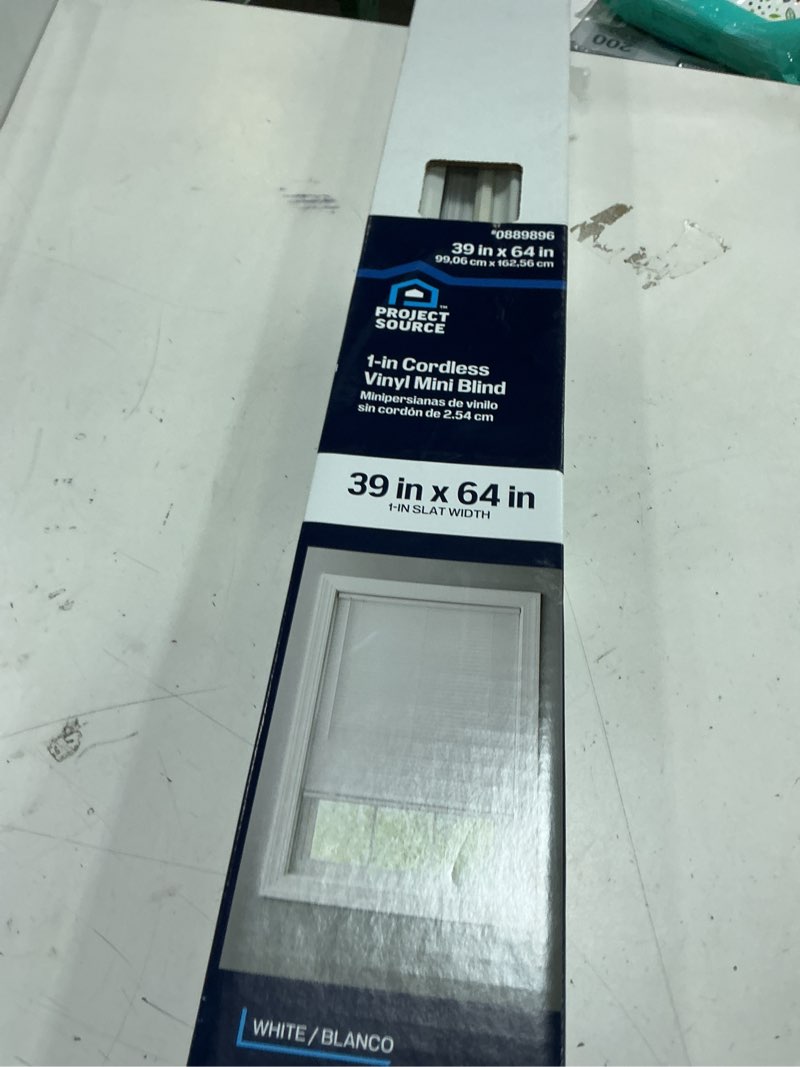 Condition photo showing New/Like New for Project Source 1-in cordless Vinyl Mini Blind White Fits Opening 34 in x 64 in
