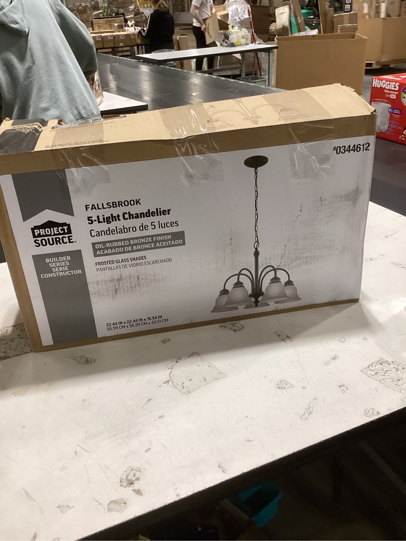Condition photo showing As Is for project source fallsbrook 5-light dark oil-rubbed bronze chandelier fd10-055