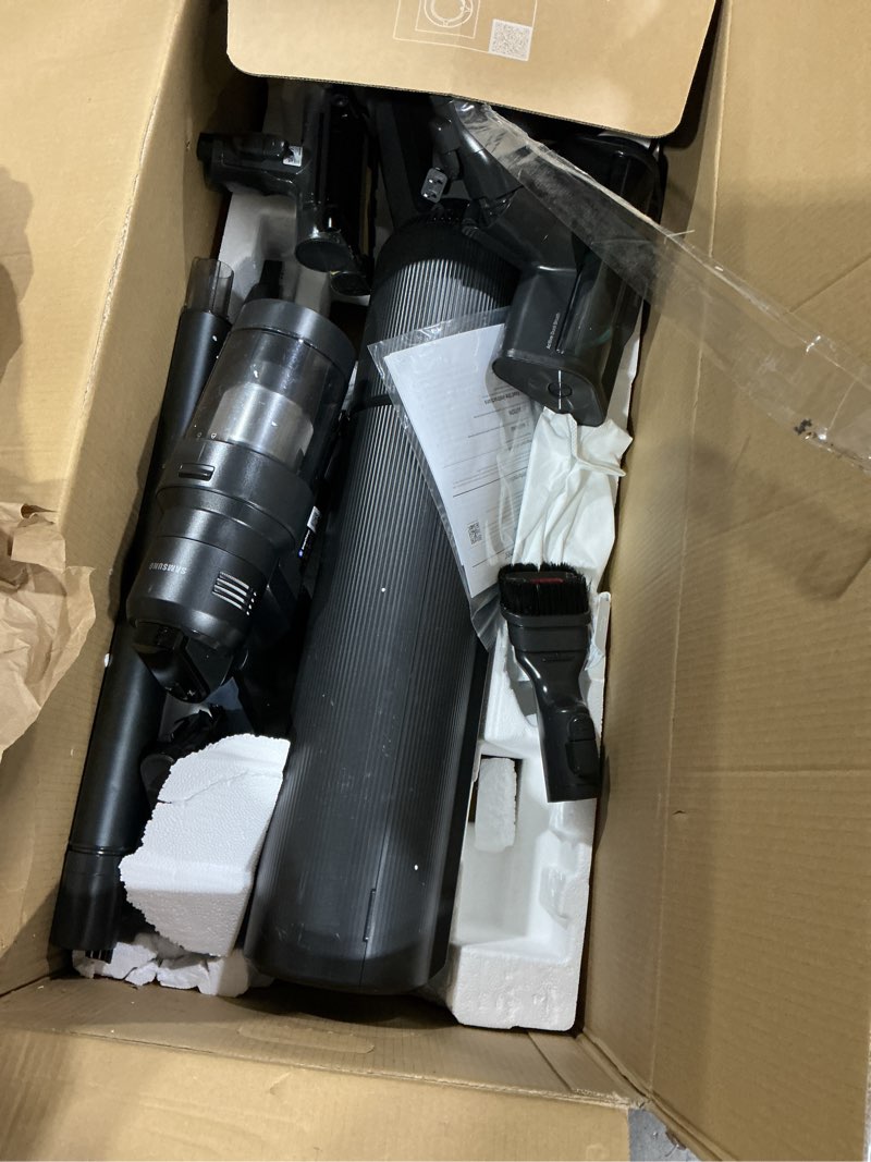 Condition photo showing As Is for samsung bespoke ai jet ultra cordless stick vacuum with all-in-one clean station, 400aw powerful suction, long battery life, anti-tangle pet tool, 2025, satin black, vs90f40dmk/aa