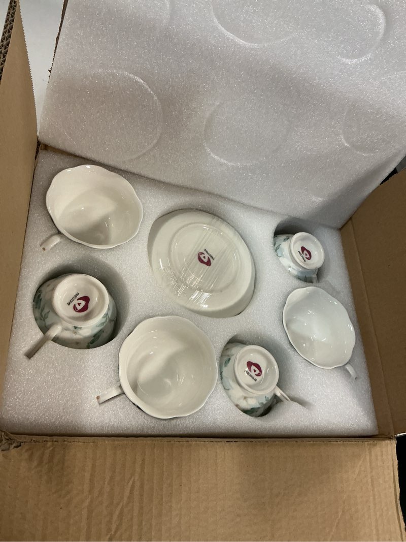 Condition photo showing New/Like New for porcelain tea cup and saucer set of 6 (12-piece) – ceramic 6oz embossed floral cups with gold trim, elegant set for afternoon tea & gifting light blue