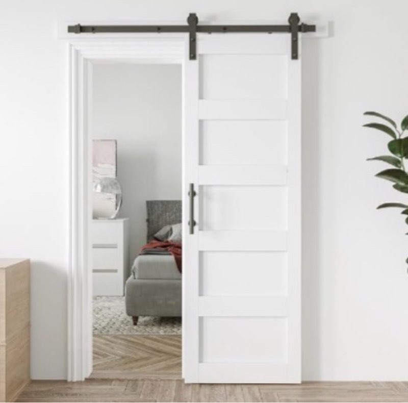 28in x 84in sliding barn door with 5ft barn door hardware kit & handle, pre-drilled holes easy assembly -solid barn door slab covered with water-proof pvc surface, white, 5 panel