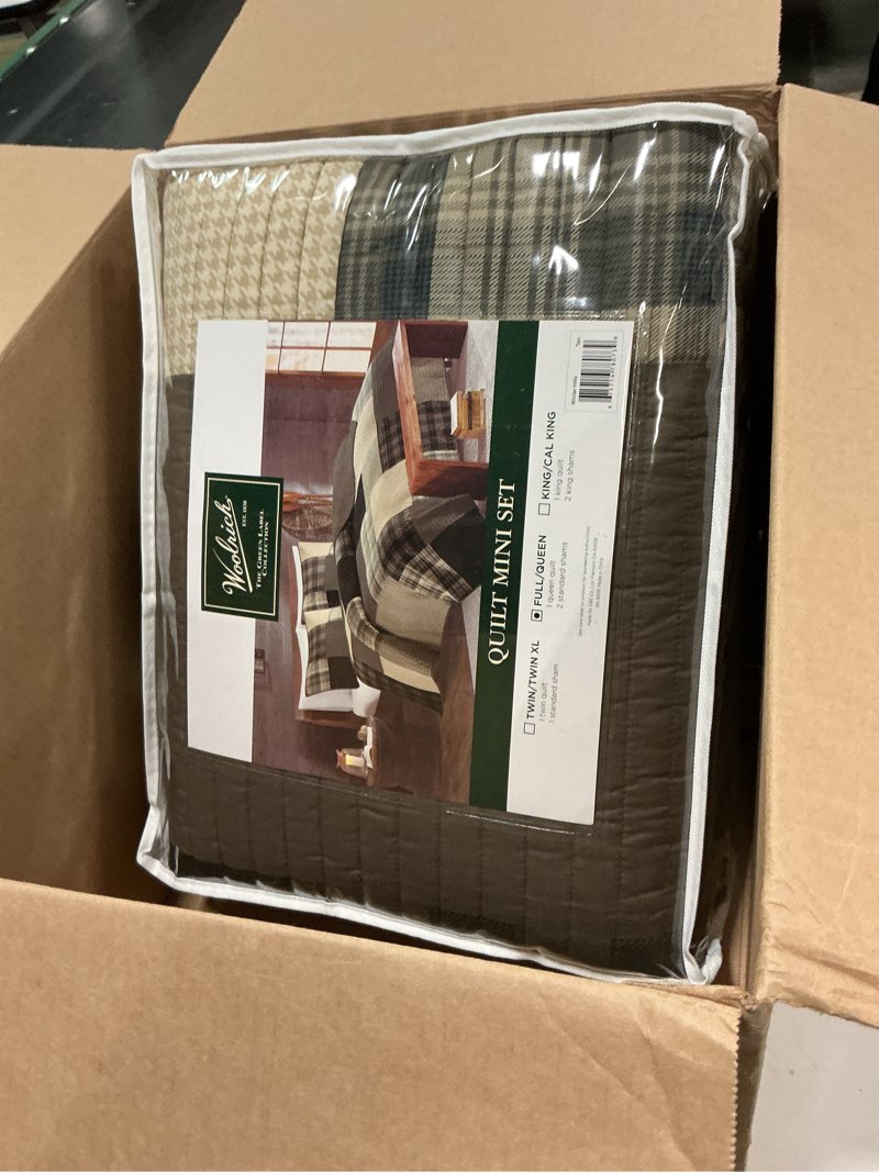 Condition photo showing New/Like New for Woolrich Winter Hills Reversible Quilt Set - Cottage Styling Reversed to Solid Color, All Season Lightweight Coverlet, Cozy Bedding Layer, Matching Shams, Oversized Full/Queen, Plaid Tan 3 Piece Winter Hills Tan Oversized Full/Queen