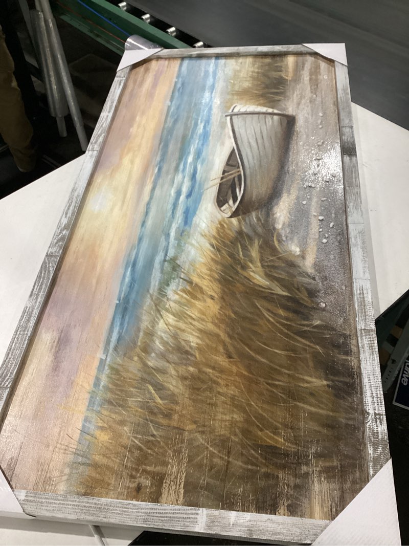 Condition photo showing Good Condition for beach pictures for wall for bedroom heavy texture boat painting framed wooden sailboat wall art beach theme seaside painting artwork(48x24) coastal sailboat wall art 48"l x 24"w