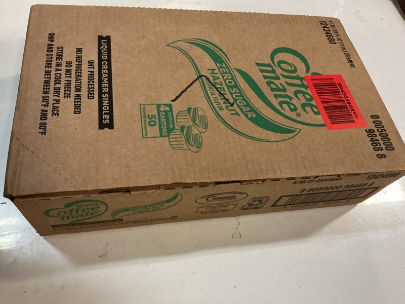 Condition photo showing New/Like New for Coffee-mate Liquid Coffee Creamer, Zero Sugar Hazelnut, 0.38 oz Mini Cups, 50/Box, 4 Boxes/Carton