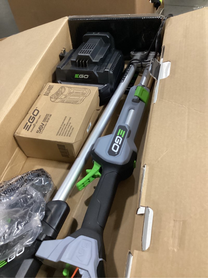 Condition photo showing As Is for ego powerload 56-volt 15-in telescopic shaft battery string trimmer 2.5 ah (battery and charger included)