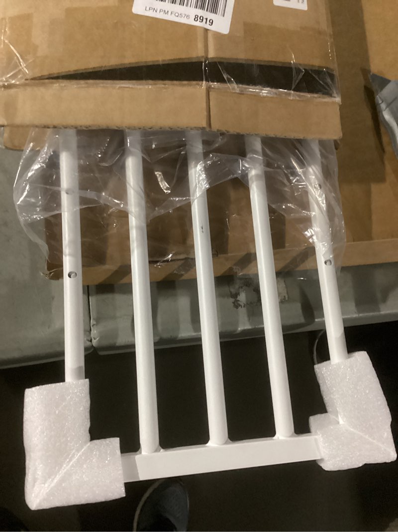 Condition photo showing New/Like New for malier dog gate with a small door, extra wide all metal short dog gate pet gate for stairs, 10'' tall pressure mount easy step over puppy gate low gate for doorways white 10''h × 26''- 41''w