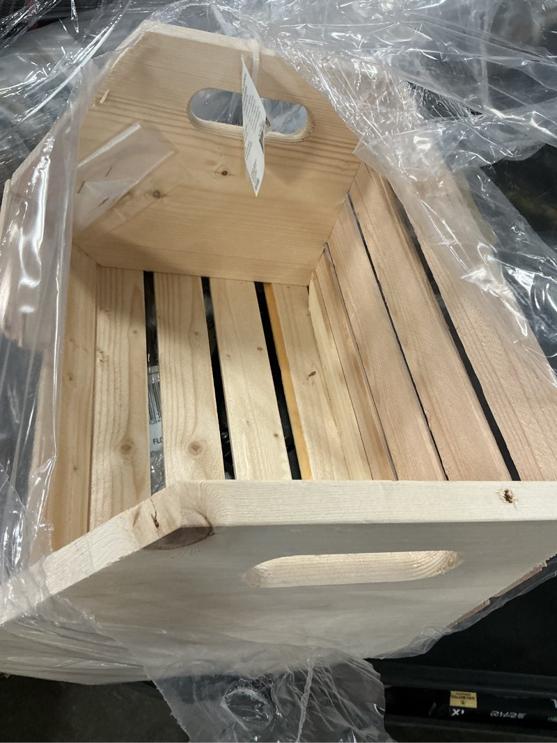 Condition photo showing As Is for style selections (12-in w x 9.5-in h x 16-in d) natural wood stackable bin