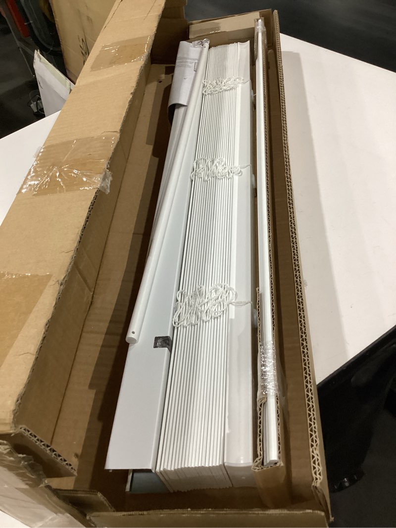Condition photo showing New/Like New for lotus & windoware cordless, 2 inch faux wood blind, 30" wide x 36" long, window blinds, blinds & shades, blinds for indoor windows, embossed, bright white, (actual size - 29.5" x 36")