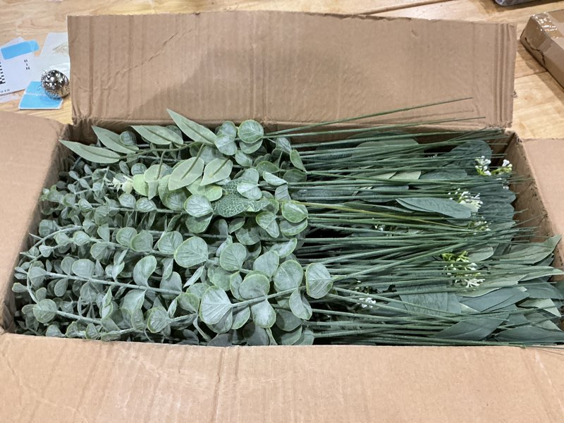 Condition photo showing New/Like New for lovemoon 260 pcs artificial mixed eucalyptus stems bulk, 5 kinds of faux greenery eucalyptus leaves bulk for vase wedding diy bouquets floral arrangement home decor (260, green) green 260