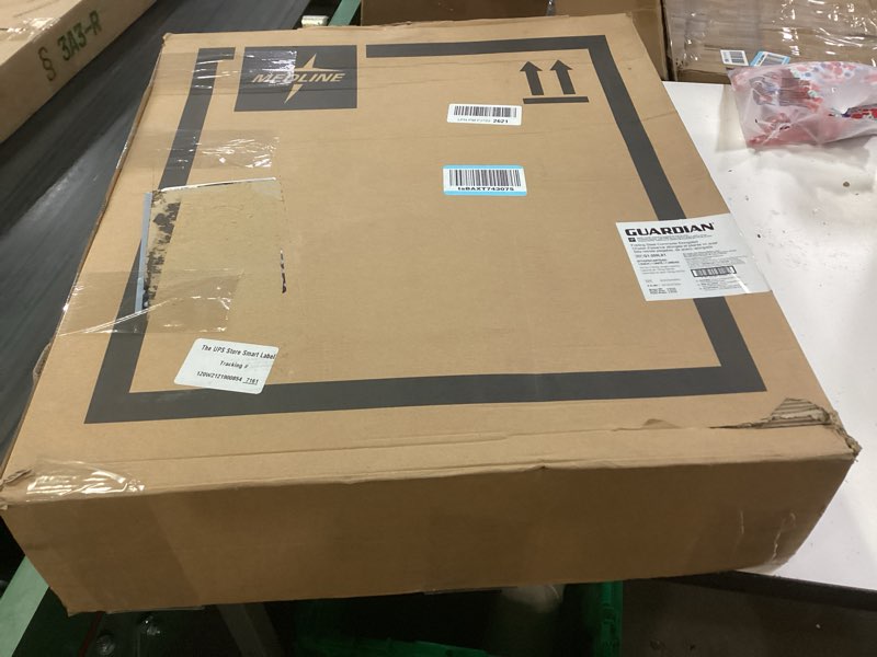 Condition photo showing New/Like New for medline 3-in-1 steel bedside commode, elongated seat, sturdy folding frame, 7.5 qt. bucket, 350 lb. weight capacity, clip-on seat, easy cleaning, tool-free assembly, gray